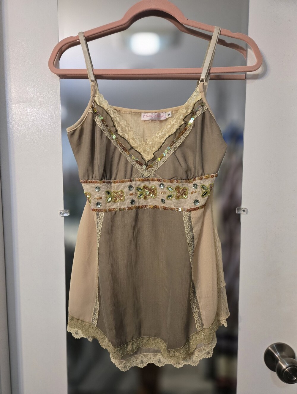 Pretty Angel Taupe & Cream Beaded Lace-Trim Cami - Picture 2 of 4